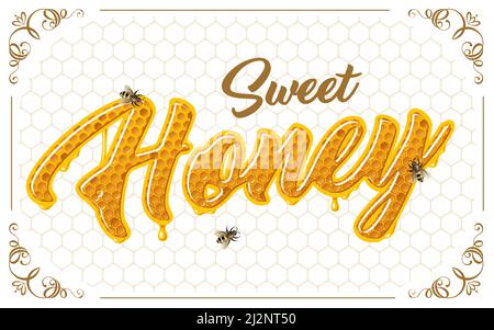 sweet honey lettering with honeycomb patten. Vector shiny illustration Stock Vector
