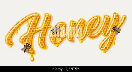 Honey word with honeycomb lettering. Vector illustration Stock Vector