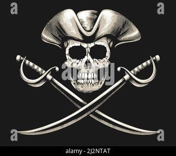 Emblem of Pirate Skull with Sabres Jolly Roger isolated on black. Vector illustration. Stock Vector