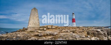 Portland Bill Trinity House obelisk and the famous 43metres high lighthouse and located on the Isle of Portland near the coastal resort of Weymouth Stock Photo