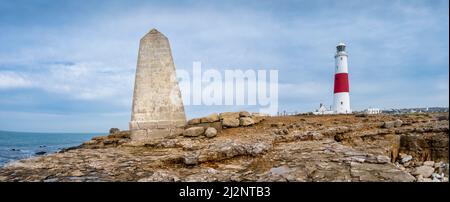 Portland Bill Trinity House obelisk and the famous 43metres high lighthouse and located on the Isle of Portland near the coastal resort of Weymouth Stock Photo