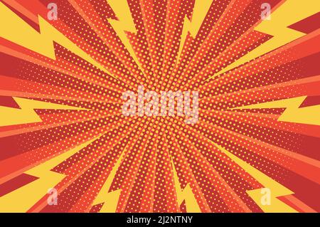 Comic abstract bright background with yellow lightnings halftone red radial humor effects vector illustration Stock Vector