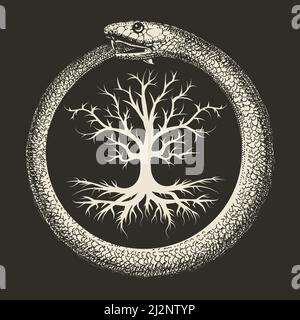 Esoteric Symbol of Ouroboros Snake and Tree of Life Ancient isolated on black. Vector illustration. Stock Vector