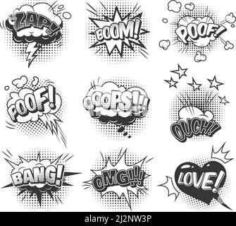 Comic speech bubbles dynamic set with inscriptions clouds of different shapes sound stars and halftone humor effects in monochrome style isolated vect Stock Vector