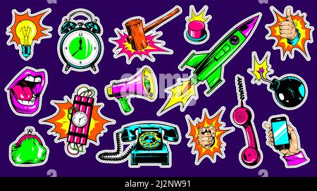 Pop art bright fashion patches set with different colorful comic objects and elements isolated vector illustration Stock Vector