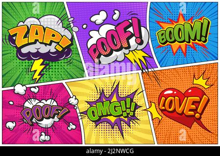 Comic bright template with speech bubbles different wordings lightnings clouds on colorful frames vector illustration Stock Vector