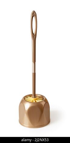 Brown toilet brush with holder isolated on a white background. Toilet bowl scrubber with handle cutout. Plastic cleaning brush for bathroom. Stock Photo