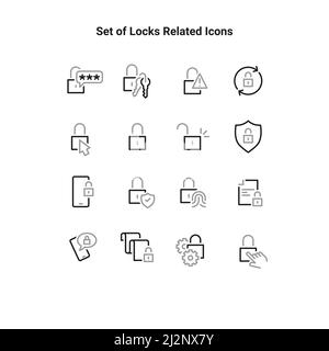 Simple Set of Locks Related Vector Line Icons. Contains such Icons as Locked Document, Fingerprint, Padlock and more. Stock Vector