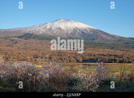 snovy volcano Etna National Park from Maletto, Sicily Stock Photo