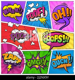 Comic page background with speech bubbles wordings clouds explosive halftone radial rays humor effects vector illustration Stock Vector