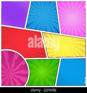 Comic page blank template with different humor effects and colorful frames vector illustration Stock Vector