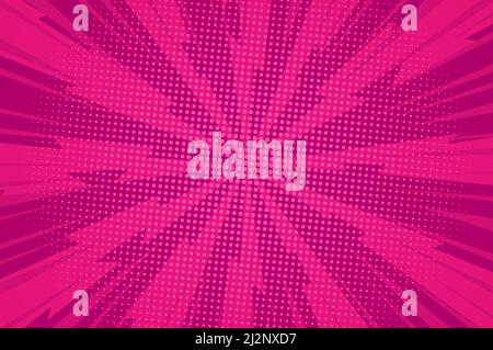 Comic dynamic pink background with radial lightnings rays and light halftone effects vector illustration Stock Vector