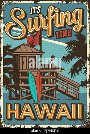 Vintage surfing time poster with surfer holding surfboard and wooden house of surf club vector illustration Stock Vector