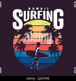 Vintage colorful hawaii surfing label with surfer holding surfboard and palm trees isolated vector illustration Stock Vector