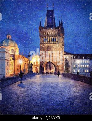 Digital painting modern artistic artwork, Prague Czechia, drawing in oil European famous old street view, beautiful old vintage houses, design print Stock Photo