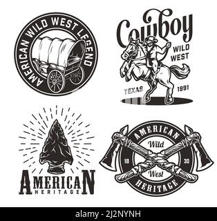 Vintage monochrome wild west prints set with old wagon cowboy riding horse flint arrowhead crossed tomahawks isolated vector illustration Stock Vector