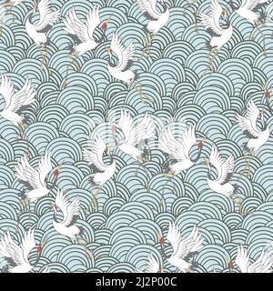 Decorative kimono floral motif background pattern with crane and flowers vector illustration Stock Vector