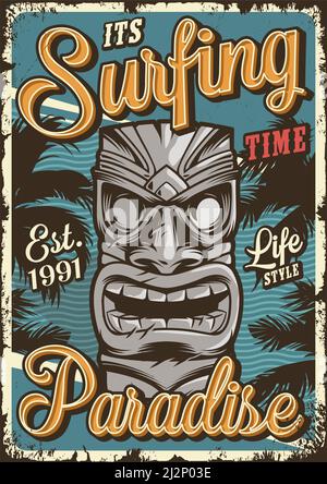 Vintage surfing colorful poster with tribal hawaiian tiki mask vector illustration Stock Vector