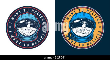 Vintage alien invasion colorful round logo with ufo moon surface and outer space in astronaut helmet isolated vector illustration Stock Vector