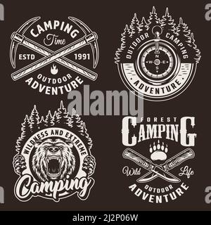 Monochrome camping logos with navigational compass angry bear head crossed pickaxes and knives in vintage style isolated vector illustration Stock Vector