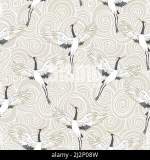 Decorative kimono floral motif background pattern with crane and flowers vector illustration Stock Vector
