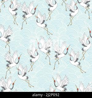 Decorative kimono floral motif background pattern with crane and flowers vector illustration Stock Vector