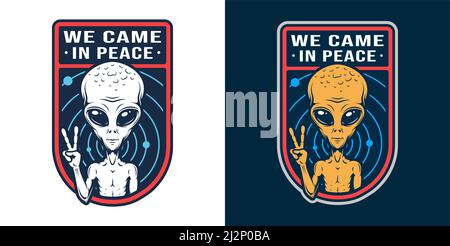 Vintage space colorful badge with extraterrestrial showing peace sign isolated vector illustration Stock Vector