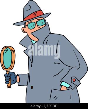 Detective and Magnifying Glass. a private detective, a man in a coat, hat and glasses Stock Vector