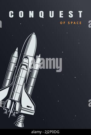 Poster design with spaceship flying in the dark space background ...