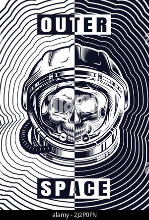 Vintage monochrome space template with skull in astronaut helmet divided on dark and light sides vector illustration Stock Vector