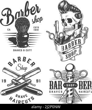 Vintage monochrome barbershop prints with shaving brush scissors barber pole razors skull with trendy hairstyle isolated vector illustration Stock Vector
