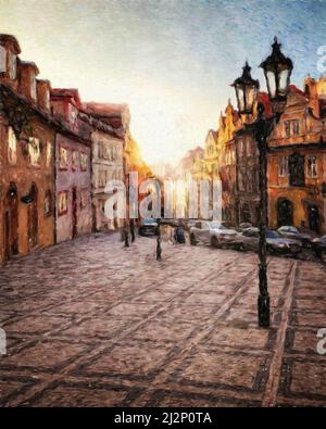 Digital painting modern artistic artwork, Prague Czechia, drawing in oil European famous old street view, beautiful old vintage houses, design print Stock Photo