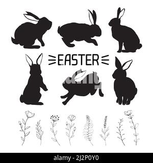 Rabbit and Hare Easter collection set - vector silhouette. Can be used as a stencil or template for festive decorations, postcards, shop windows, logo Stock Vector