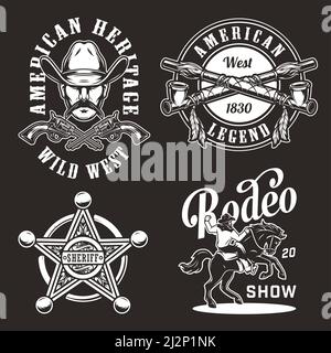 Vintage wild west prints set with cowboy head crossed smoking pipes revolvers sheriff badge star rider riding horse in monochrome style isolated vecto Stock Vector