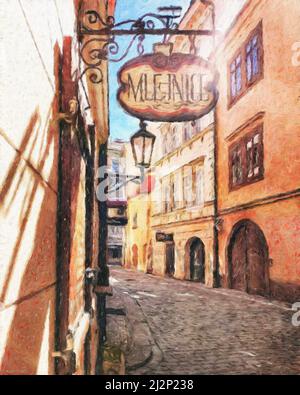 Digital painting modern artistic artwork, Prague Czechia, drawing in oil European famous old street view, beautiful old vintage houses, design print Stock Photo