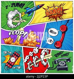 Pop art colorful concept with phone dynamite flying rocket wordings speech bubbles explosive effects on colorful frames in comic style vector illustra Stock Vector
