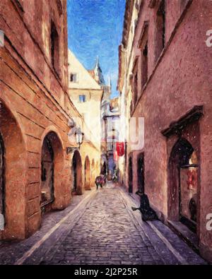 Digital painting modern artistic artwork, Prague Czechia, drawing in oil European famous old street view, beautiful old vintage houses, design print Stock Photo