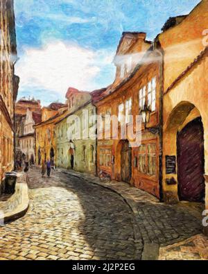 Digital painting modern artistic artwork, Prague Czechia, drawing in oil European famous old street view, beautiful old vintage houses, design print Stock Photo