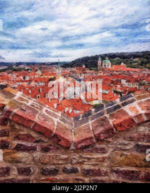 Digital painting modern artistic artwork, Prague Czechia, drawing in oil European famous old street view, beautiful old vintage houses, design print Stock Photo