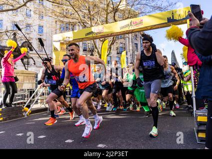 Runners at the start during the 2022 London Landmarks Half Marathon. Picture date: Sunday April 3, 2022. Stock Photo