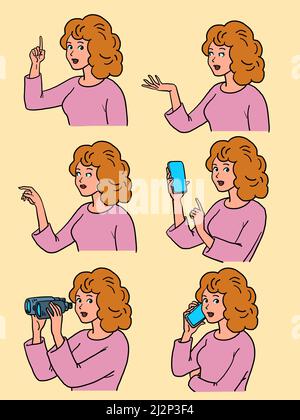 Set collection of woman gestures. Phone smartphone binoculars presentation Stock Vector