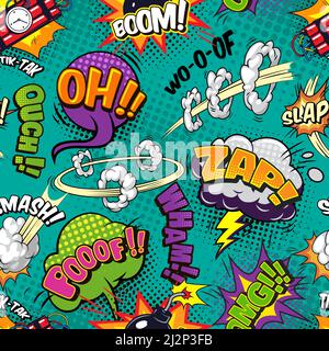 Comic bright seamless pattern with colorful speech bubbles wordings explosive effects dynamite lightning bomb sound and halftone effects on green back Stock Vector