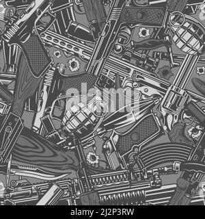 Vintage military weapons seamless pattern with guns pistols grenades automatic and sniper rifles knives in gray colors vector illustration Stock Vector