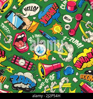 Pop art colorful seamless pattern with comic speech bubbles wordings open mouth dynamite phone megaphone alarm clock purse bomb vector illustration Stock Vector