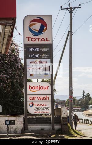 Nakuru, Kenya. 02nd Apr, 2022. A board indicating fuel prices at a Total gas station. Kenya has been hit by a major oil shortage with long queues by motorists waiting to be served in a few Petrol stations that still have the essential commodity. Kenya Energy and Petroleum Regulatory (Epra), attributed the shortage to unprecedented logistical challenges. The global oil prices have been affected in the wake of Russia-Ukraine war that has pushed the price to 14 years high. (Photo by James Wakibia/SOPA Images/Sipa USA) Credit: Sipa USA/Alamy Live News Stock Photo