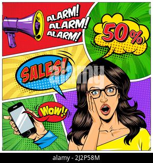 Comic book page template with surprised girl hand holding mobile megaphone colorful speech bubbles Wow Alarm Sales wordings halftone radial rays effec Stock Vector