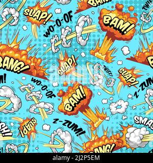Comic colorful explosive seamless pattern with explosions bursts smoke clouds wordings speech bubbles on halftone turquoise background vector illustra Stock Vector
