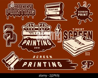 Vintage screen printing elements collection with skeleton hands holding squeegee blots shirts letterings isolated vector illustration Stock Vector