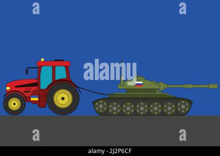 Ukrainian tractor tows away a Russian tank vector illustration Stock Vector