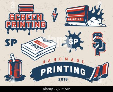 Vintage screen printing colorful composition with flaming squeegee blot shirts letterings brush in bucket can isolated vector illustration Stock Vector